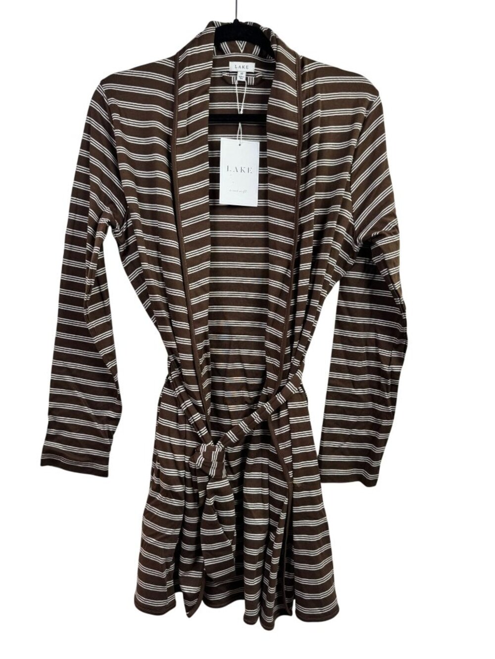 NEW LAKE Brown White Striped 100% Pima Cotton Belted Robe size XS Pockets